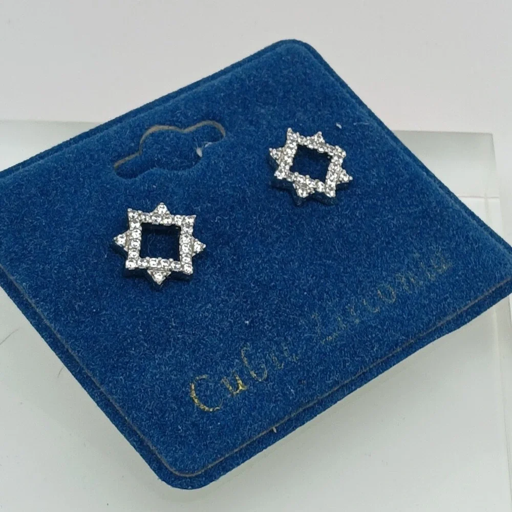Vintage 1990s Cubic Zirconia Geometric Star Stud Earrings Silver Tone New‎